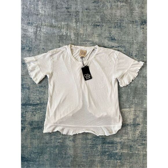 NWT! Chaser White Ruffle Lettuce Hem Open Wrap Back Short Sleeve Top Medium - Picture 1 of 7